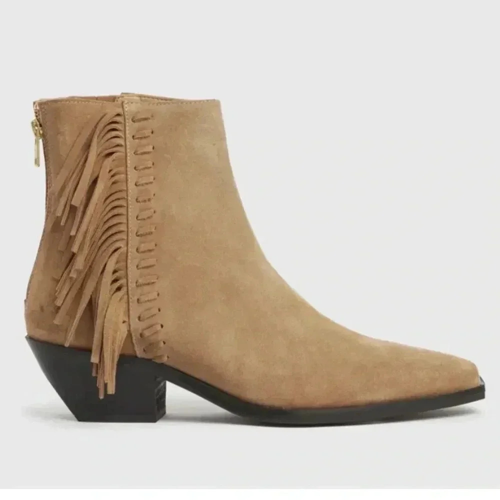 All Saints Layla Fringe Boot Coanac Tan Suede Size 37 US 7 Bootie Preppy NWOB
